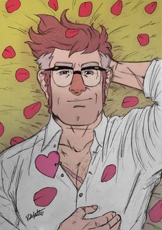 a drawing of a man with glasses and hearts on his shirt