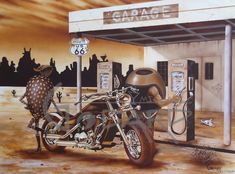 a painting of a motorcycle parked in front of a gas station