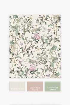 an image of a wallpaper with flowers and leaves on it in shades of green, pink