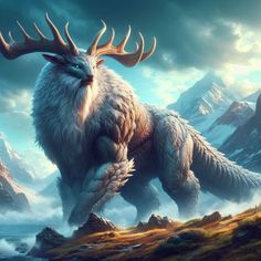 an animal with large horns standing in the middle of a mountain range on a cloudy day