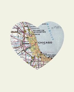 a heart shaped map with the words chicago on it