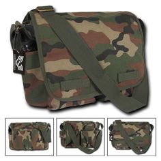 Camouflage Cotton Canvas Shoulder Messenger Bag Army Military Style Satchel Rugged, durable canvas, military inspired messenger bag by Rapid Dominance. The front flap is held closed by hook & loop in two locations. There are a total of 7 pockets: The (1) 2 Front zippered pockets, (2) 2 Side pockets with button closure, (3) Main compartment, (4) Internal zippered pocket, and (5) External back pocket. The 2 pockets on the front are great for carrying items such as keys, flashlights, MP3 player Military Messenger Bag, Gifts For History Buffs, Field Bag, Army Print, Military Bag, Guitar Bag, Mp3 Players, Messenger Bag Men, Military Inspired