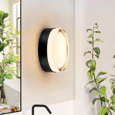 a bathroom light that is on the side of a wall next to a sink and potted plant