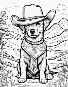 a drawing of a dog wearing a cowboy hat and bandana sitting on the ground