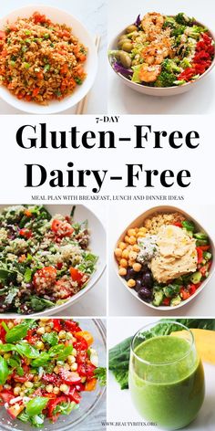 a collage of different dishes with the words gluten - free dairy - free