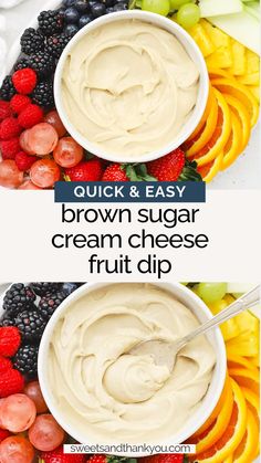 two bowls filled with cream cheese fruit dip