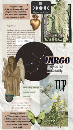 the zodiac sign is depicted in this collage with other astro symbols and images around it