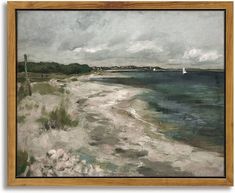 an oil painting of a beach with sailboats in the water and clouds above it