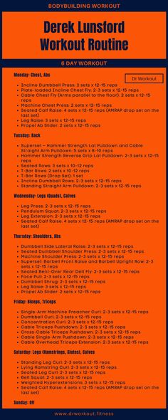 an orange and blue poster with the words dark lunsford workout routine on it