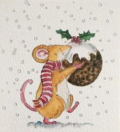 a painting of a mouse holding an ornament in the snow with holly on it