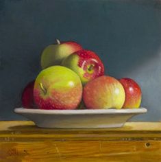 a painting of apples in a bowl on a table