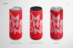 three red cans with white letters on them and the same type of drink in each can