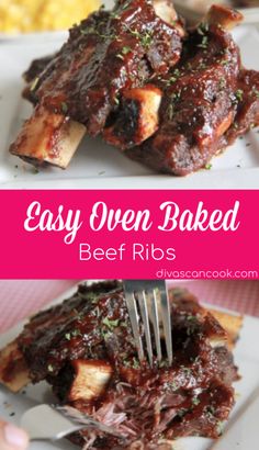 easy oven baked beef ribs on a white plate