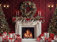 a fireplace with presents and christmas trees around it