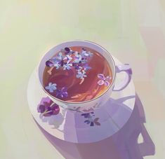 a cup filled with liquid sitting on top of a white saucer next to purple flowers