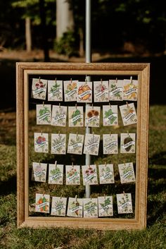 a wooden frame with small cards attached to it on the grass next to a flag pole