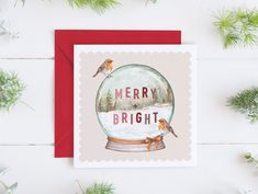 a christmas card featuring a snow globe with birds inside and the words merry bright written on it