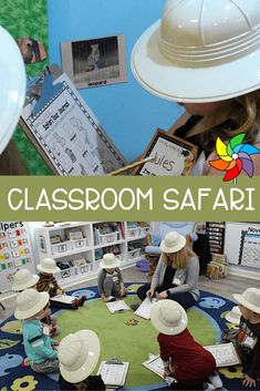 several children sitting on the floor in hats and reading books with text overlay that reads classroom safari