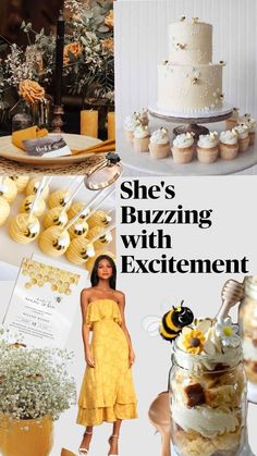 she's buzzing with excitement in her yellow dress and white cupcakes