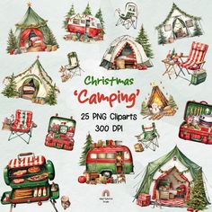 christmas camping watercolor clipart set