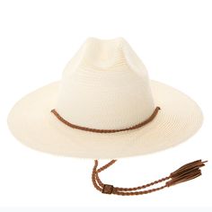 Tightly braided cattleman hat for men and women. Full length center creased crown, with deep side dents. Buckaroo style flat brim slightly downturned on front and back, 3.25" wide. Braided faux suede chin cord with tassel tips. Ribbon inner band with drawstring to adjust fit. UPF 50+ sun protection. Packable, fold up brim and secure in place with chin cord. One size, best fit 57-58 cm, 22.44-22.83 inches. 100% paper raffia straw