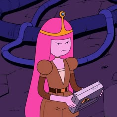 the pink haired girl is holding a piece of metal in her hand and wearing a helmet