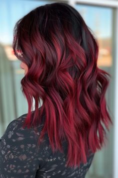 Funky Red Hair Color, Red And Brown Hair Short, Red Halo Hair Color, Red Highlights For Dark Brown Hair, Bright Red Highlights In Brown Hair, Dark Red Hair Balayage, Red And Dark Brown Hair, Red Streak In Brown Hair, Shadow Root Red Hair