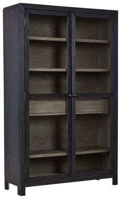 an open bookcase with two doors and shelves on one side, in dark wood