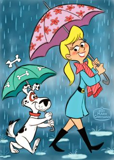 a woman holding an umbrella next to a dog