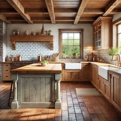 a large kitchen with wooden cabinets and tile flooring, along with an island in the middle