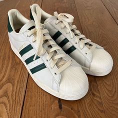 New! Adidas Superstar Special Cork Insole Green White Leather Gold Shoes Mens 10.5 was just added to eBay. Check it out! #eBay #eBaySeller Custom Green Adidas Sneakers, Sporty Green Adidas Custom Sneakers, Adidas Superstar Green, Retro Green Adidas Sneakers, Green Adidas Sneakers With Three Stripes, Ivory Shoes, Gold Shoes, Green Leather, Green Stripes