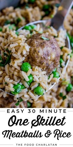 one skillet meatballs and rice with peas