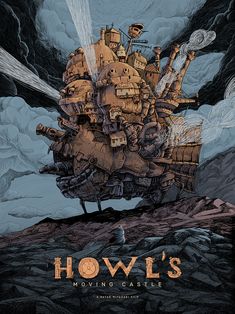 a movie poster for howl's moving castle, with an image of a ship in the sky