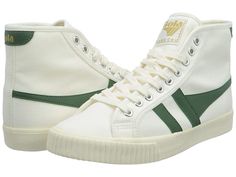 Gola Tennis Mark Cox High - Women's Shoes : Off-White/Green : The Gola Tennis Mark Cox High lace-up sneaker delivers a sporty vibe with its canvas upper and classic design. Breathable textile lining and cushioned footbed. Rubber outsole. Imported. Measurements: Weight: 12 oz Product measurements were taken using size 9, width B - Medium. Please note that measurements may vary by size. White Tennis Shoes, High Sneakers, Womens Tennis, Tennis Shoes, High Tops, Tennis, High Top Sneakers, Shoes Sneakers, Off White