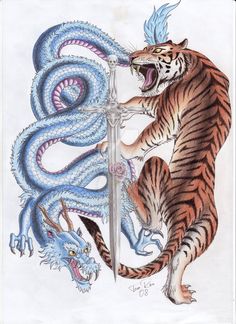 Dragon Tiger Tattoo, Dragon Tattoo Images, Lion Sleeve, Lion Tattoo Meaning, Dragon And Tiger, Dragon Tattoo Meaning, Tiger Tattoos, Tiger Dragon