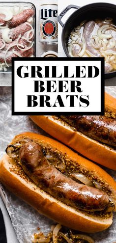 grilled beer brats with onions and hot dogs in buns on the table