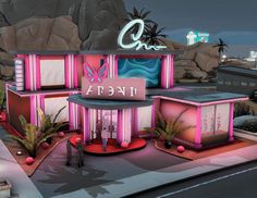 an artist's rendering of a pink building with neon lights