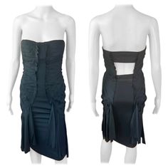 Tom Ford for Gucci S/S 2004 Runway Bustier Cutout Back Strapless Fringe Silk Black Dress Gucci by Tom Ford black strapless stretchy silk dress featuring bustier plunging neckline, fringe trim at hem, frayed raw detail, cutout back and concealed zip closure at side.