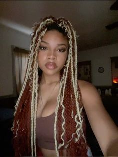 Twists Long Braids, Red And Blonde Passion Twist, Red Island Twist Hairstyle, Ginger And Blonde Island Twist, Braids Color Combo Ideas, Brown Hair With Highlights Braids, Blonde Passion Twists Hairstyle, Blond Twist Braids Hairstyles, Island Twist Color Combo