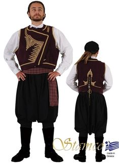 This outfit is imported from Greece and made by the premiere manufacturer of traditional Greek costumes. This traditional dancing costume is a favorite amongst dancing troupes and churches. This outfit ships direct from Greece. Please allow 1-2 weeks for arrival of outfit. This man's costume consists of- vest with embroidery- cotton shirt- trousers- sash- headscarf(Note: The boots are sold separately.) SIZES TABLE - ADULT MALES Male Size Height Inches Waist Inches Chest Inches S Small 67 - 68.5 Traditional Cotton Vest For Festivals, Cyprus Women, Greek Traditional Dress, Aegean Islands, Greek Costume, Ukrainian Clothing, International Clothing, European Dress, Costume Store