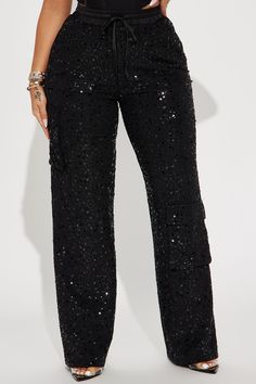 Available In Black And Grey. Sequin Pant High Rise Elastic Waist Drawstring Cargo Pockets Fully Lined Stretch Self 100% Polyester Lining 100% Polyester Contrast 92% Polyester 8% Spandex Imported | Cheer Up Sequin Cargo Pant in Black size Medium by Fashion Nova Sequin Pant, Fashion Nova Pants, Cargo Pant, Cheer Up, Black Pants, Black Fashion, Fashion Nova, Elastic Waist, Sequin