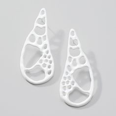 Steel Earrings - In a lacy, organic design with edgy appeal, these dramatic earrings are laser cut from steel and bathed in a powder coating. <br>Silver posts. Sculptural Earrings, Pierced Metal Jewelry, Porcelain Jewellery, Earrings Ceramic, Ceramic Accessories, Pottery Earrings, Earrings Clay, Pottery Jewelry, Ceramic Earrings