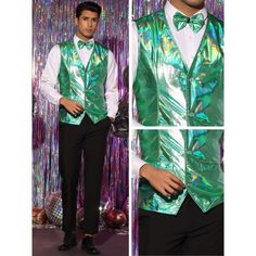 This metallic vest has a special, stylish, and unique design. The metallic vest pairs with holographic shirts and blazers for a stylish look. The holographic vest is suitable for many occasions, including stage performances, disco, and cosplay. It can also be a special gift for friends or family on Halloween or Christmas. Fitted Halloween Party Vest, Fitted Vest For Halloween Party, Holographic Shirt, Slim Fit Dress Pants, Prom Suits, Casual Vest, Formal Suits, Slim Fit Dresses, Suit Vest