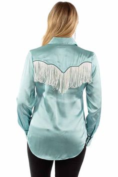 Scully Brand Pearl Snap Button Up Blouse Spread Collar Long Sleeves Western Yokes Turquoise Satin Pearl Snap Front & Cuffs Also Available in Champagne & Hot Pink Ivory Looped Fringe Front & Back Detailing 100% Polyester Fitted & Runs A Lil Small ~ Size Up If In Between Sizes Style HC922 This Item Is Shipped To You From Our Manufacturer. Please allow 7-10 business days to receive it. Women's Sizing Recommendations XS 00/0 Small 2/4 Medium 6/8 Large 10/12 XL 14/16 XXL 18/20 ***These are shipped to Queen Clothes, American West Handbags, Belt Buckle Jewelry, Flannel Vest, Fringe Shirt, Satin Hands, Ranch Wear, Rodeo Queen, White Fringe