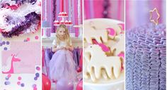 a collage of photos with different types of cakes and decorations on display at a birthday party