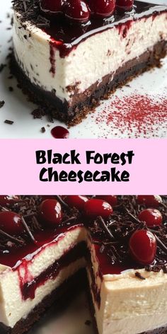 black forest cheesecake with cherries on top