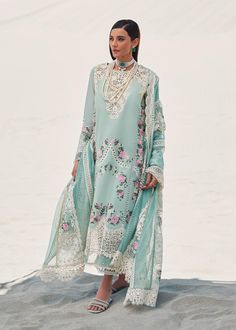 Crimson Serendipity - D3 B Luxe Lawn Original brand suit fabric and photography lite diffrance in actual print. Blue Printed Lawn Suit For Wedding, Spring Wedding Printed Lawn Suit, Summer Wedding Printed Lawn Suit, Elegant Green Lawn Suit With Digital Print, Elegant Wedding Lawn Suit With Floral Print, Cutwork Lace, Saira Shakira, Lawn Design, Suit Fabric