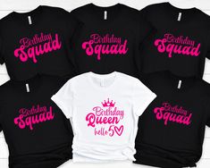 the birthday squad shirts are available in black, pink and white for girls to wear