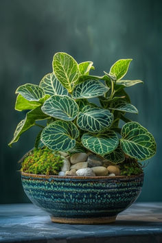 a potted plant sitting on top of a table next to some rocks and plants