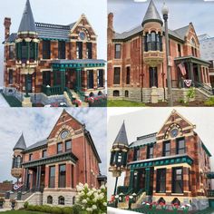 four different pictures of an old brick building